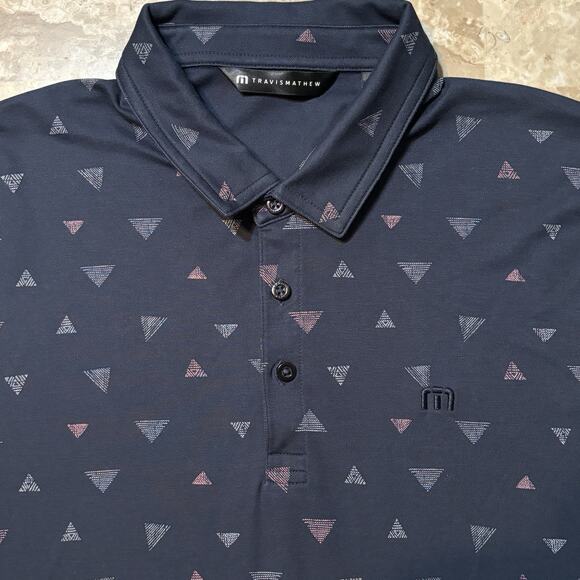 Travis Mathew Polo Shirt Mens Large Blue Geometric Triangles Short Sleeve Golf - Picture 1 of 9